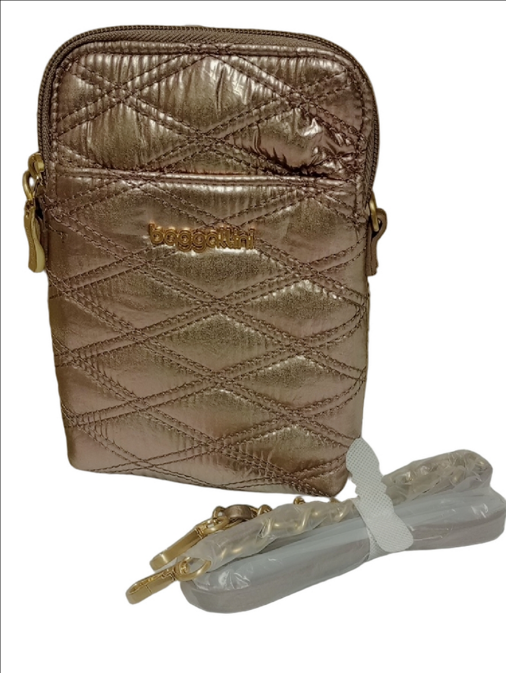 🆕 BAGGALINI ROSE GOLD METALLIC PUFFER QUILTED PHONE WALLET CROSSBODY TRAVEL BAG - Picture 3 of 11